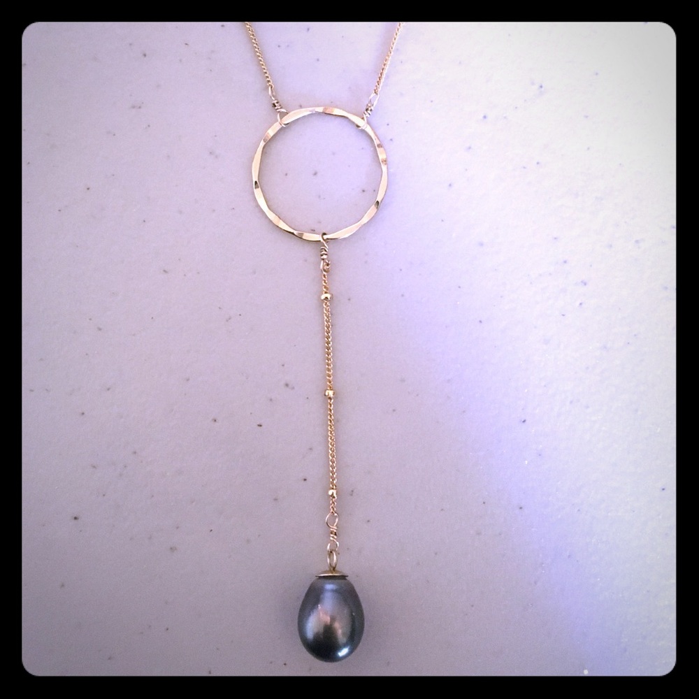 14k gold filled Tahitian pearl lariat necklace